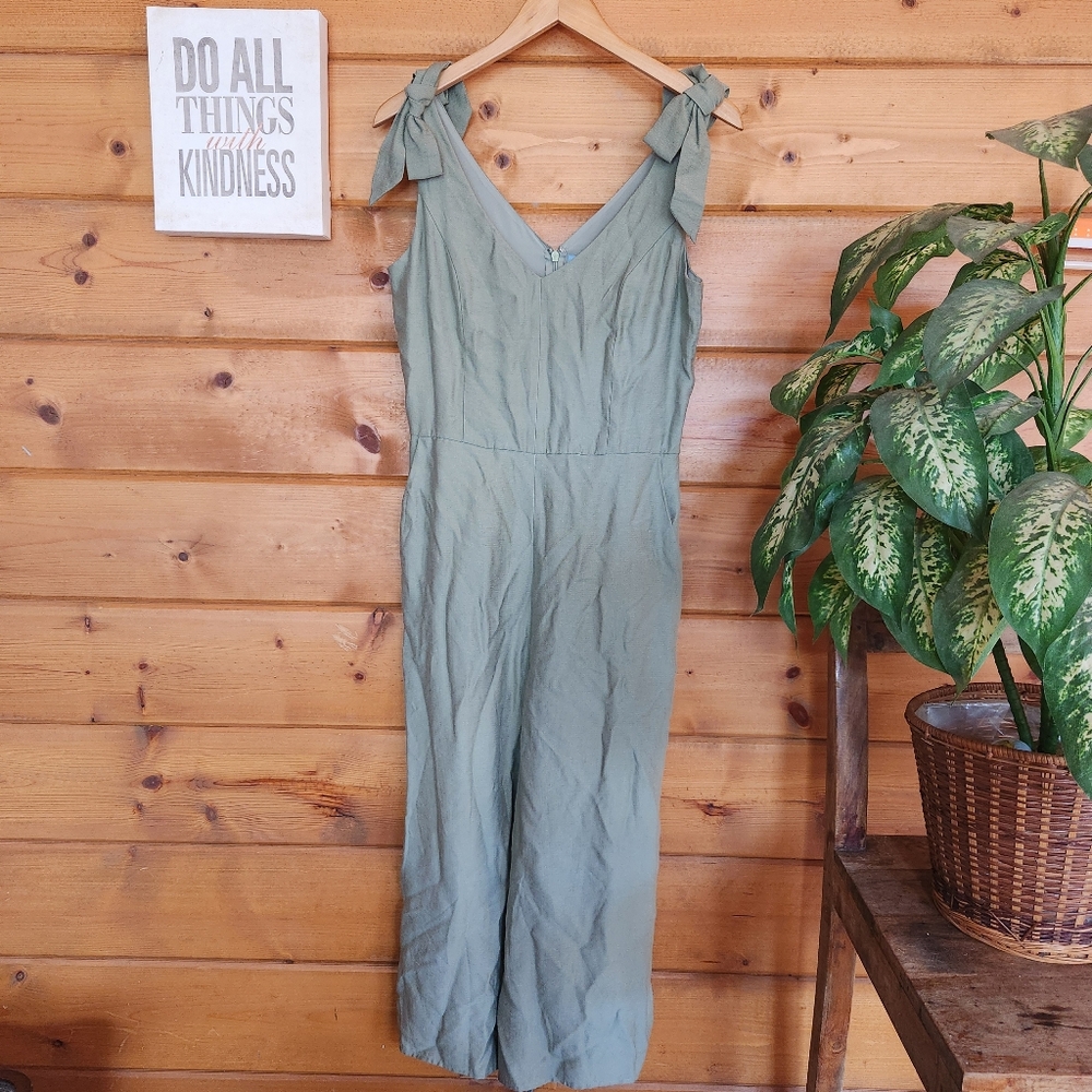 Cece Bow Strap Romper Wide Split Leg Cropped Jumpsuit Pockets Crepe Size 4 X 22"